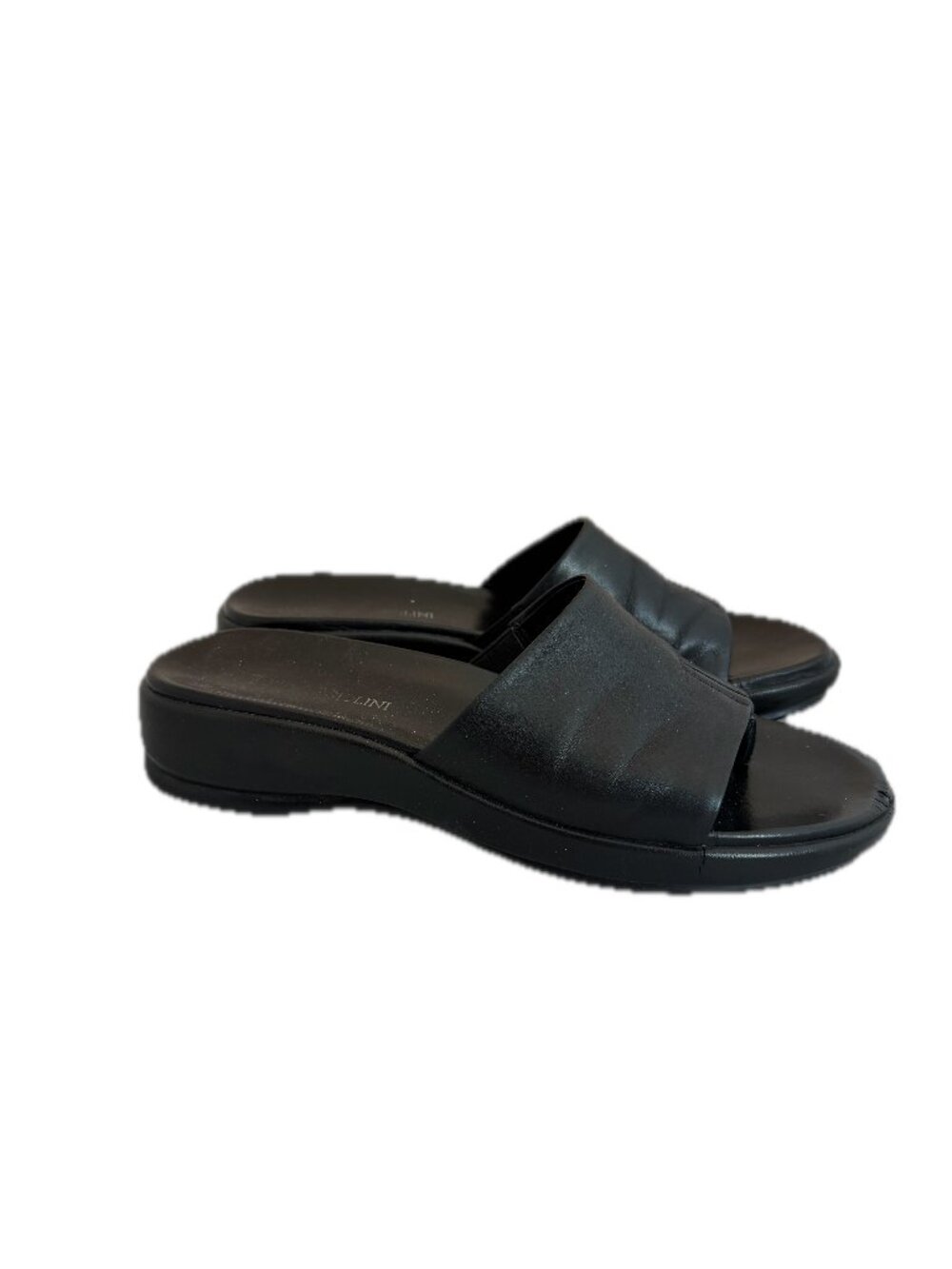 Enzo Angiolini Black Leather Slide Sandals Wedge Open Toe On Wide Size 7 Women's
